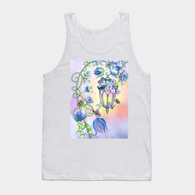 Magic streetlight with flowers and butterflies decoration. Fairy spring garden watercolor illustration. Colorful romantic scenery Tank Top by likapix